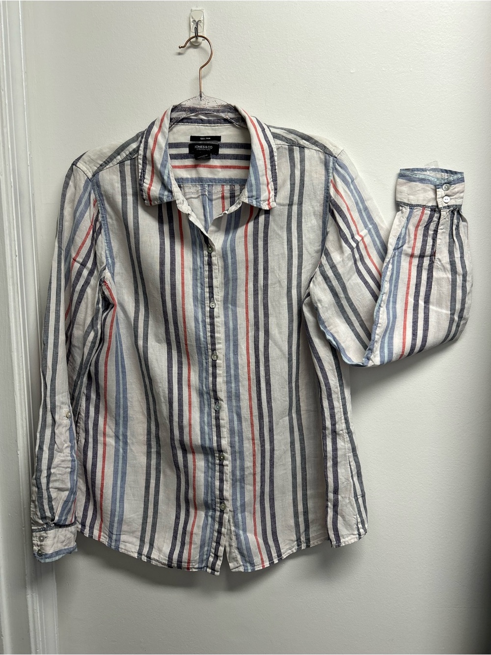 Jones & Co 100% Linen Button-Down Shirt in White with Blue & Red Stripes